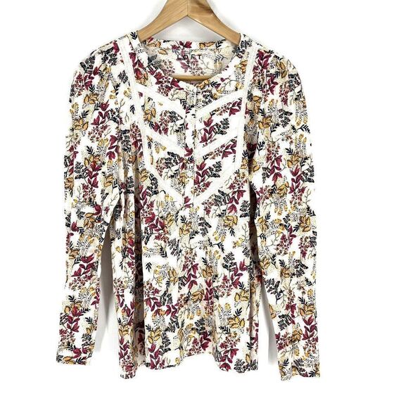 LOFT T Shirt Size Medium Womens Ivory Floral Lace Trim Button Knit Top Prairie - Picture 1 of 8